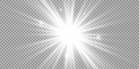 Fotobehang White beautiful light explodes with a transparent explosion. Vector, bright illustration for perfect effect with sparkles. Bright Star. Transparent shine of the gloss gradient, bright flash. © timchig