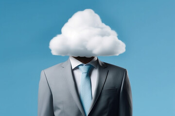 Explore imagination in business with a creative concept featuring a businessman whose head is replaced by dreamy clouds. Head in the clouds concept. Ai generated