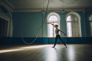 Lifestyle portrait photography of a determined boy in his 30s doing rhythmic gymnastics in an empty room. With generative AI technology