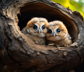 Two adorable baby owls, with wide curious eyes, peek out from the sanctuary of their tree hole nest