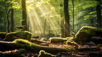 Graphical Representation of Tranquility Forest Sunlight Trees Birds, Shallow depth of field - These images were created using artificial intelligence.