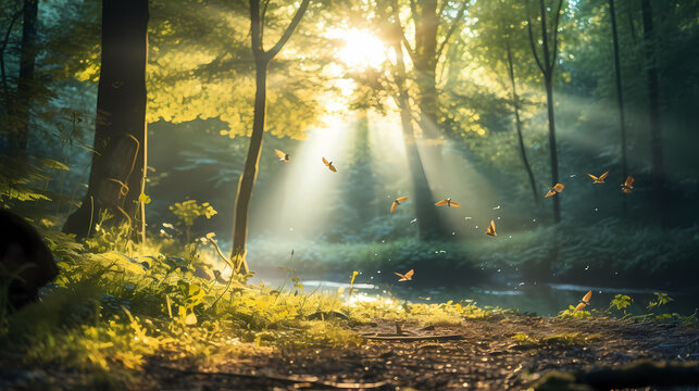 Graphical Representation of Tranquility Forest Sunlight Trees Birds, Shallow depth of field - These images were created using artificial intelligence.