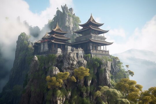 Realistic 3D mountain temple on Bali. Generative AI