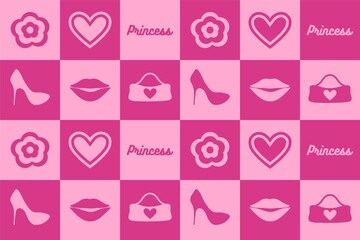 abstract square seamless pattern with cute chamomile flowers, heart, lips. trendy floral pink background surface design, textile, print, wrapping paper, cover. art illustration. barbie style