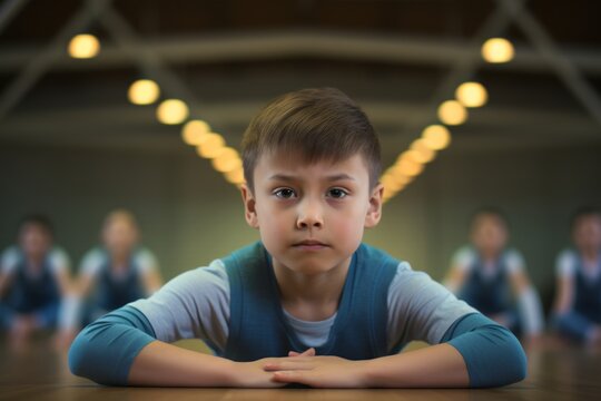 Group portrait photography of an exhausted kid male doing rhythmic gymnastics in a studio. With generative AI technology