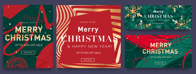 Set Merry Christmas and Happy New Year 2024 Year in Green, Red, Gold Colors. Creative Sale with Graphic Memphis Element for Advertising, Social Media, Poster, Banner, Cover. Special Offer 50%. 