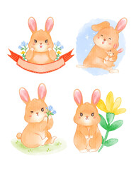 Watercolor cute Rabbit cartoon character design collection with different on with background. Vector illustration