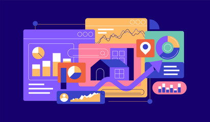 Home Valuation Illustration with House, Charts, and Graphs. Home Investment. Property money investment contract. Flat Vector Illustration