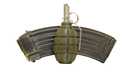 fragmentation grenade f 1 and russian ak 47 mag isolated on transparent backgriund