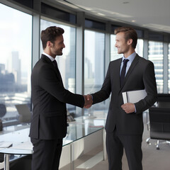 Successful business men shaking hands over a promotion in an office, Generative AI