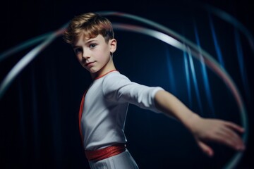 Medium shot portrait photography of a determined boy in his 20s doing rhythmic gymnastics in a studio. With generative AI technology