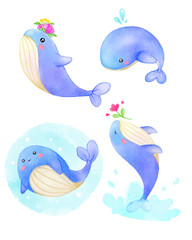 Watercolor cute Dolphin cartoon character design collection with different on with background. Vector illustration