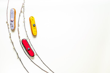 Pattern of various glased eclairs cakes. Sweet food background