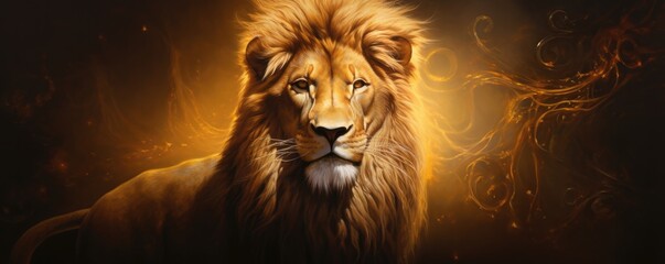 Zodiac sign of leo lion head fantasy lights dark, panorama horoscope. Generative Ai.