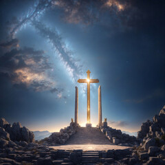 golden cross statue in the ruins of ancient greek architecture in a mystical atmosphere, cross sign, divine, christianity, universe, milky way stars, galaxy