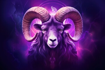 Zodiac sign of aries head with magic light in star wheel , horoscope. Generative Ai.