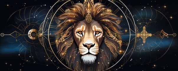 Zodiac sign of leo lion head fantasy lights dark, panorama horoscope. Generative Ai. - obrazy, fototapety, plakaty