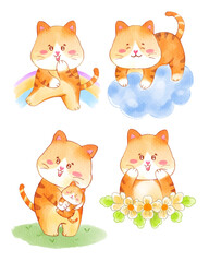 Watercolor cute Cat cartoon character design collection with different on with background. Vector illustration