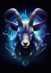 Zodiac sign of capricorn head with magic light in star wheel , horoscope. Generative Ai.