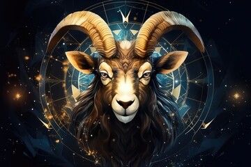 Zodiac sign of capricorn head with magic light in star wheel , horoscope. Generative Ai.