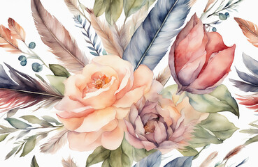 watercolor painting of a flower with feathers and arrow. for wedding stationary, greetings, textile, wallpapers