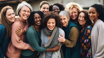 Group therapy and support. Several middle-aged women hug, supporting each other during psychological practice. Mental health and empathy. Empathy. - obrazy, fototapety, plakaty