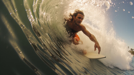 Surfer inside of huge ocean tube wave - Powered by Adobe