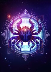 Fototapeta premium Zodiac sign of cancer crawfish with magic light in star wheel, fantasy horoscope. Generative Ai.