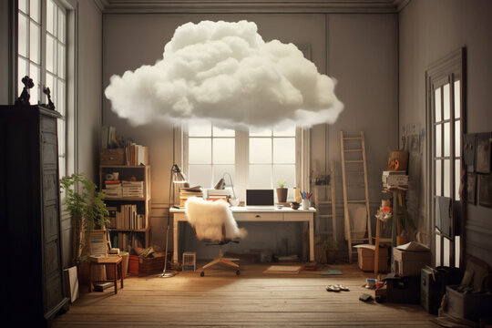 Elevate your workspace with the imaginative concept of a home office, complete with a dreamy cloud filled room. Ai generated