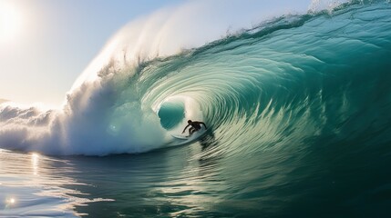 Surfer inside of huge ocean tube wave