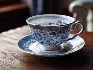 Delicate porcelain teacup with intricate blue patterns on a wooden table