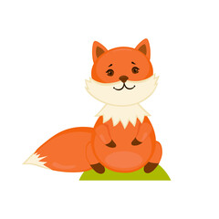 Cute red fox in sitting posture. Picture for yoga and relaxation exercises. Isolated illustration on white background. Kids print design.