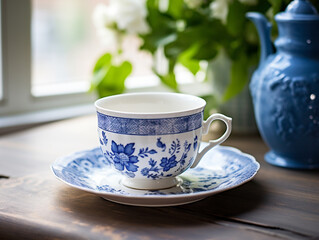 Delicate porcelain teacup with intricate blue patterns on a wooden table