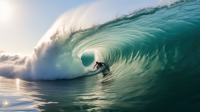 Surfer inside of huge ocean tube wave