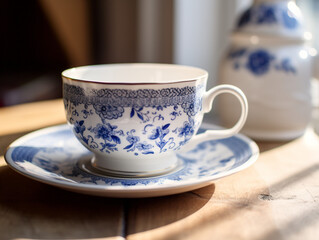 Delicate porcelain teacup with intricate blue patterns on a wooden table