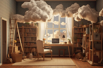 Elevate your workspace with the imaginative concept of a home office, complete with a dreamy cloud filled room. Ai generated