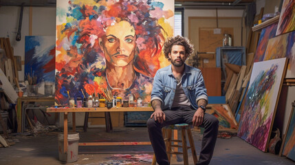 male artist posing near picture indoor the studio