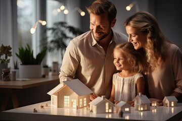 Searching for a new home concept. A happy family looks at models of houses, chooses a house for themselves - obrazy, fototapety, plakaty