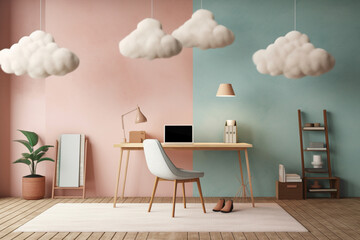 Elevate your workspace with the imaginative concept of a home office, complete with a dreamy cloud filled room. Ai generated