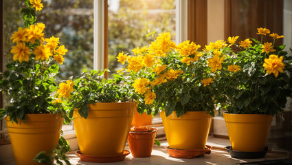 Indoor plants in pots, window