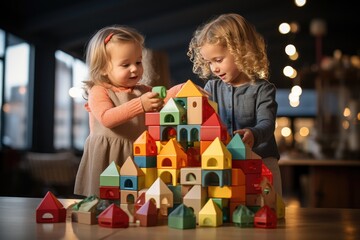 Kids playing with colorful toy blocks. Little girls building tower of block toys. Educational and creative toys and games for young children. Baby in bedroom with rainbow bricks. Child at home. - obrazy, fototapety, plakaty