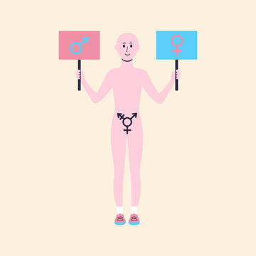 Gender neutral person holding posters with male and female symbols. Gender identity, gender choice, gender transition, gender self-determination concept. Transgender symbol.