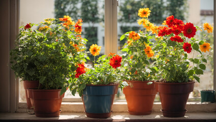 Fototapeta na wymiar Indoor plants in pots, window