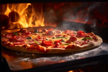 Foto op Plexiglas Indulge in the savory delight of a freshly baked pizza, hot and tempting, straight from the fiery embrace of the oven. Ai generated © dragomirescu