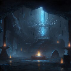 a large magical forge located inside a dark cave realistic full detail 4k blue fire spider webs 