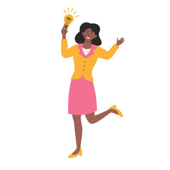 Fototapeta na wymiar Happy african american businesswoman holding light bulb. Finding business ideas, brainstorming, creative solutions concept.