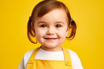 Little girl with yellow apron and smile.