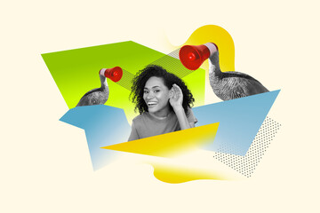 Composite photo artwork collage of funny funky woman hold arm on ear listen sale announcement...