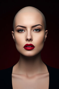 Woman with bald head and red lipstick on her lips.