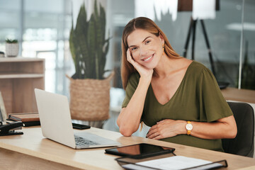Woman, smile and pregnant with portrait in office and laptop with happiness, healthy and workplace. Belly, maternity and employee for pregnancy, career and love with affection, care and excited